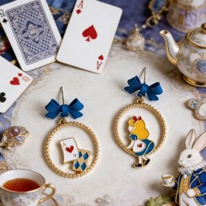 Disney Style Alice in Wonderland Drop Earrings Blue Bow & Heart Card Dangles